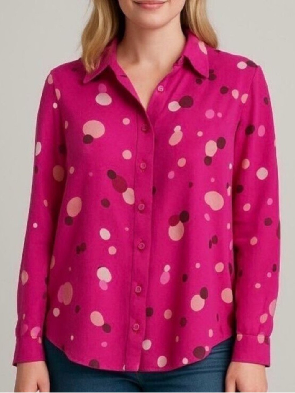 Vintage x New York Design Company Fuchsia Polka Dot Button Down Shirt 100% Silk